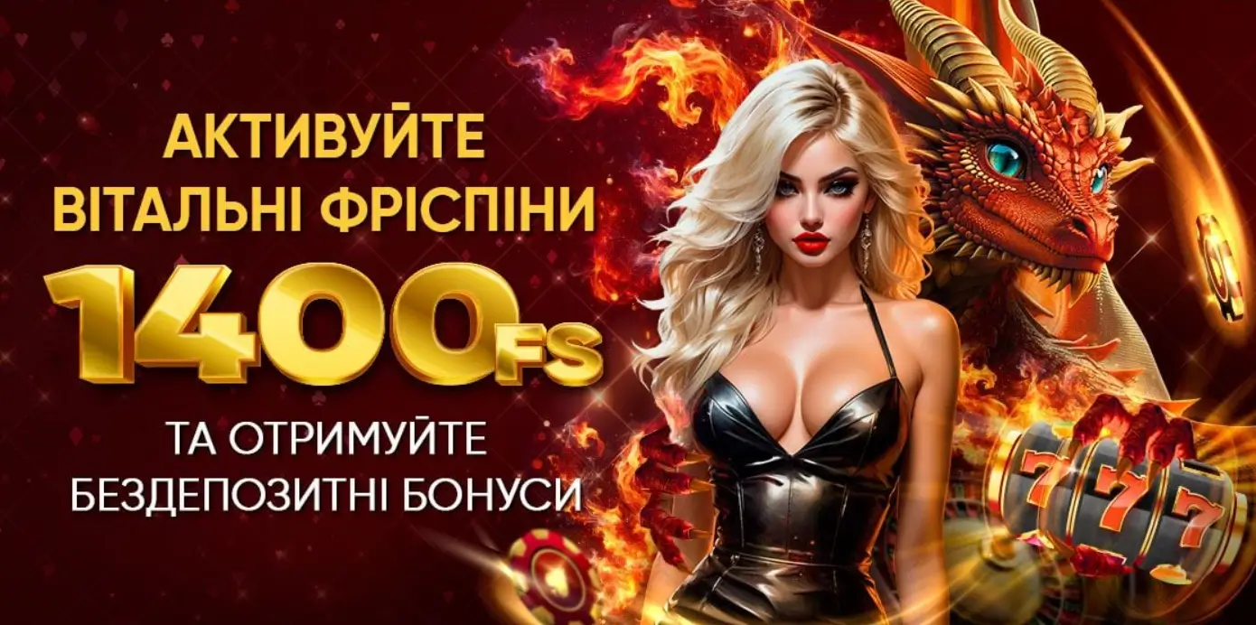 Рекламний банер Dragon's Gold Casino з драконом, дівчиною та написом: активуйте вітальні фріспіни 1400 FS та отримуйте бездепозитні бонуси
